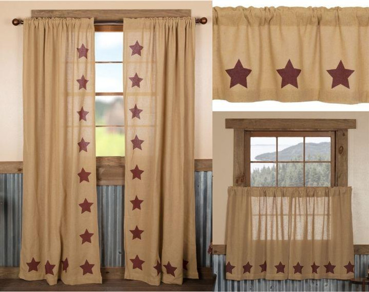 Burlap Natural Burgundy Stars Curtain Collection